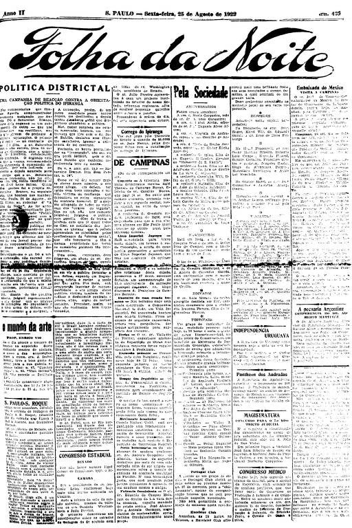 Primeira Página da Folha da Noite de 25 de agosto de 1922