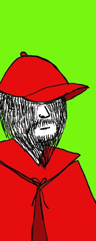Desenho de um homem barbudo com boné e capa vermelha.