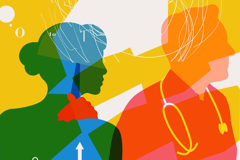 Ilustração de duas pessoas sendo apenas a silhueta do rosto. Atrás uma mulher em azul e na frente um médico, com estetoscópio, em vermelho