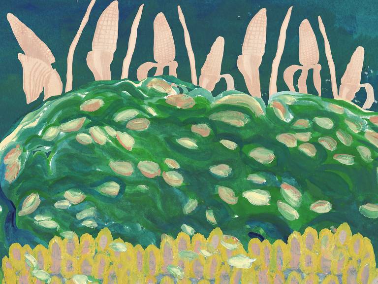 Arte ilustra de forma abstrata uma plantação de milho, em tons de verde, amarelo e azul.