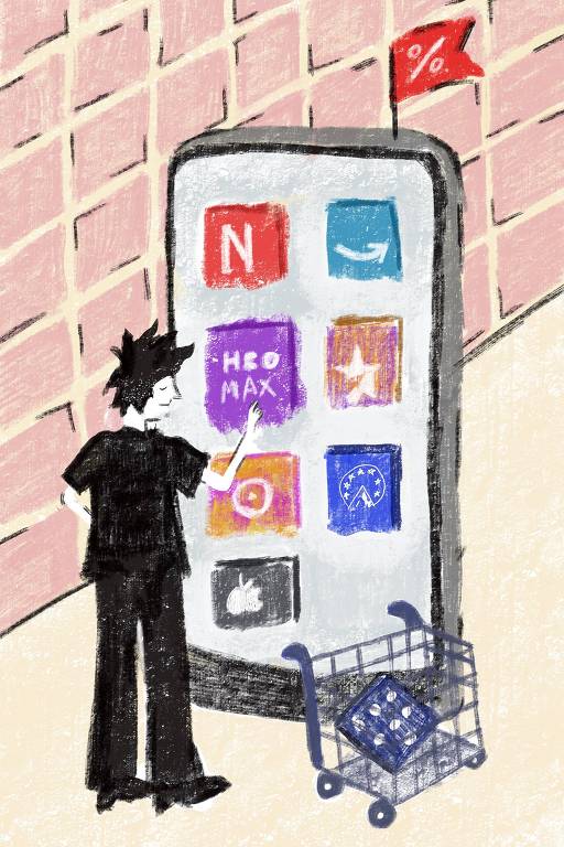 homem seleciona um app de streaming num celular gigante e coloca  dentro do carrinho de compras