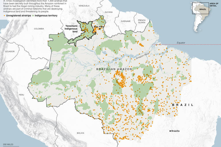 Mapa mostra as 1.269 pistas de pouso não registradas na Amazônia brasileira que foram identificadas pelo estudo do New York Times
