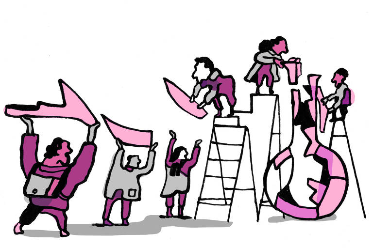 Ilustração retrata seis pessoas, três delas usando uma escada, para tentar "colar" um suposto tubo de ensaio. O assunto remete à crise orçamentária enfrentada pelas Universidades Federais.