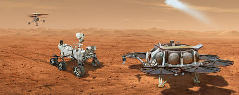 Ilustração mostra equipamentos envolvidos no plano da Nasa e da ESA para retorno de amostras de Marte: o rover Perseverance, um módulo de pouso com veículo de ascensão, um orbitador e helicópteros