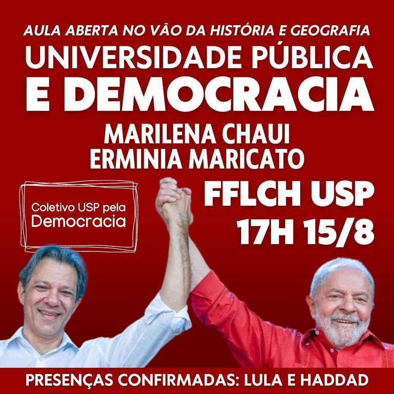 Cartaz de divulgação da participação de Lula e Haddad em evento na USP