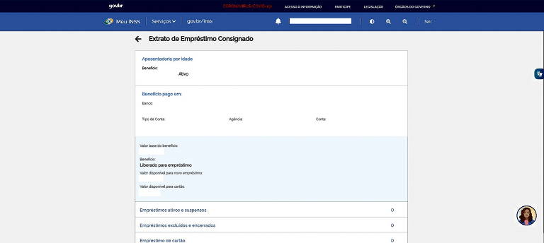 Ao clicar no benefício desejado, será possível conferir o extrato, incluindo o valor do benefício, a margem disponível para novo empréstimo, o valor disponível para cartão, os empréstimos ativos e suspensos, excluídos e encerrados e de cartão