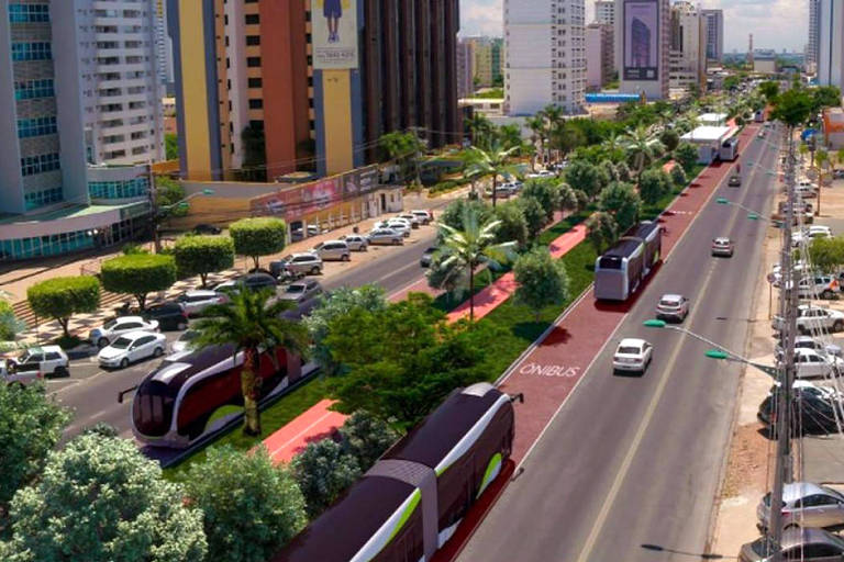 imagem aérea de avenida com carros e BRT