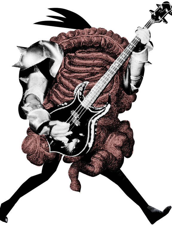 colagem de uma ilustração anatômica de um intestino  com pernas de calças de cantor de rock, moicano, segurando uma guitarra