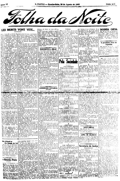 Primeira Página da Folha da Noite de 30 de agosto de 1922