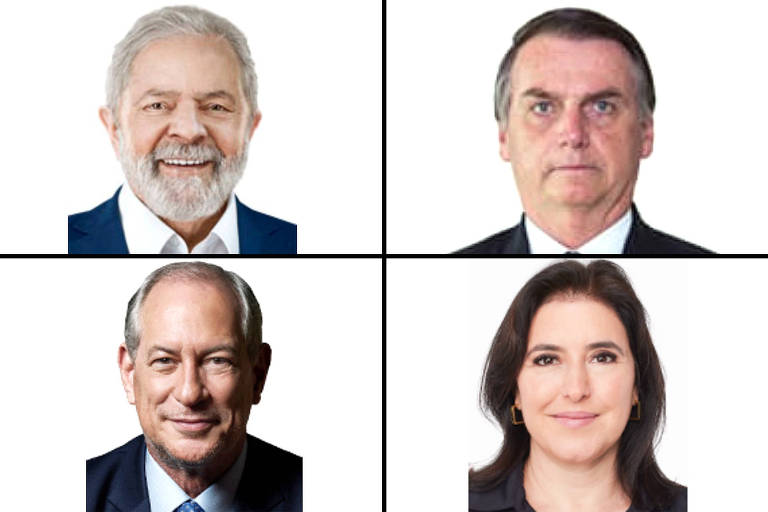 Mosaico com fotografias de Lula, Bolsonaro, Ciro Gomes e Simone Tebet