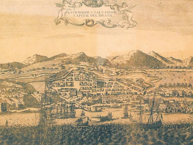 a gravura mostra como era a cidade de Salvador no século 18, com o mar, suas casas e, ao fundo, as serras no horizonte