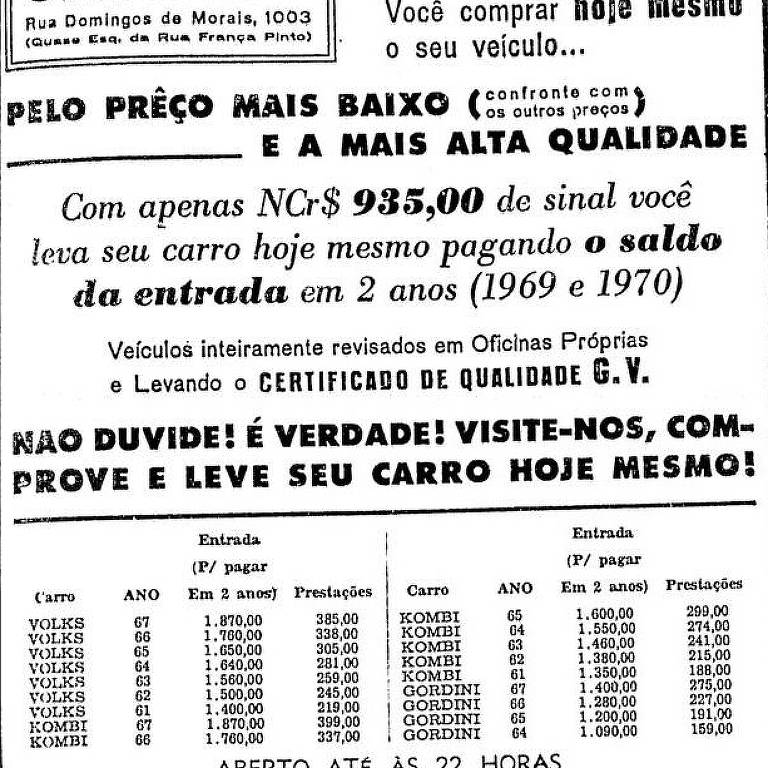 Anúncio de automóveis de 12 de dezembro de 1968 