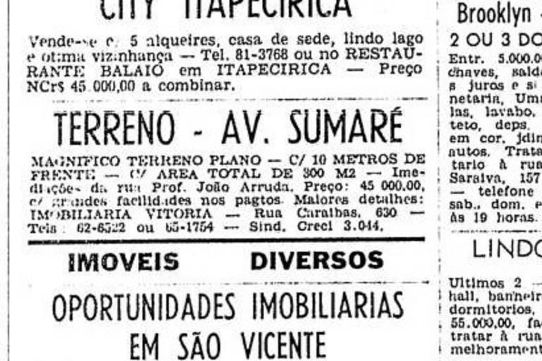Anúncio de 7 de dezembro de 1968 anunciando terreno plano na av. Sumaré