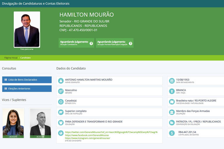 Reprodução da tela do TSE com o registro da candidatura a senador de Hamilton Mourão em 2022 com a declaração de cor/raça como 'branco'