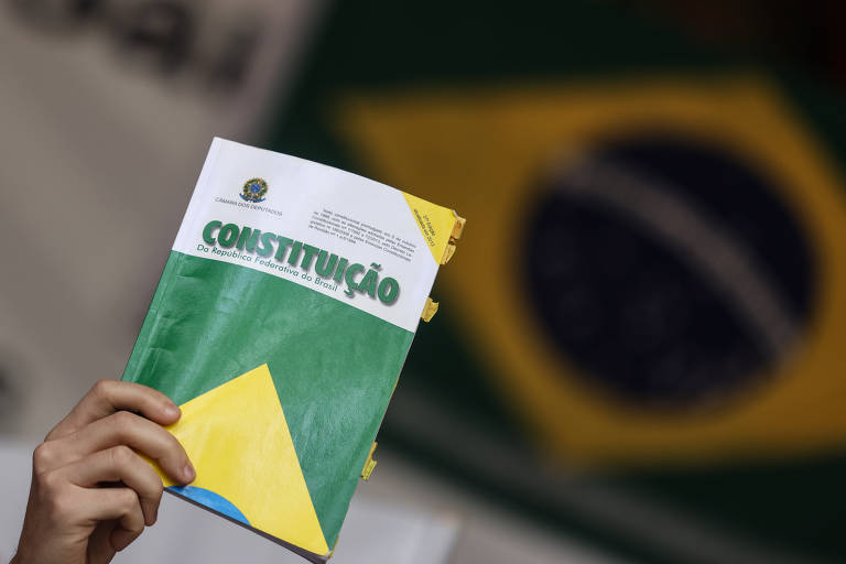 Imagem colorida mostra uma mão segurando um livro da Constituição no alto. Sua capa é um trecho da bandeira brasileira (parte do losango amarelo, do círculo azul e do fundo verde). Nela, está escrito: "Constituição". No fundo, está uma bandeira do Brasil.