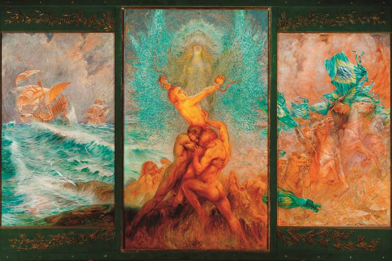conjunto de três telas, que mostram, respectivamente, um navio em mar revolto, três homens nus que tentam agarrar uma espécie de anjo, e cavaleiros que carregam a bandeira do brasil
