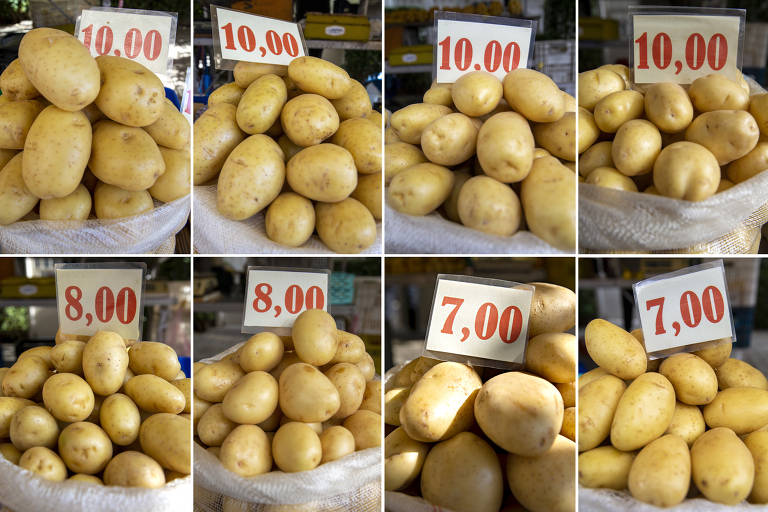 Da esquerda para direita, e em sentido horário, fotos registram os preços da batata inglesa nos dias 3.mai.2022,17.mai.2022, 31.mai.2022, 14.jun.2022, 28.jun.2022, 12.jul.2022, 26.jul.2022 e 9.ago.2022