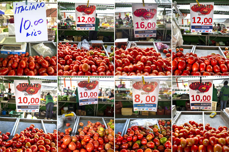 Da esquerda para direita, e em sentido horário, fotos registram os preços do tomate nos dias 3.mai.2022,17.mai.2022, 31.mai.2022, 14.jun.2022, 28.jun.2022, 12.jul.2022, 26.jul.2022 e 9.ago.2022