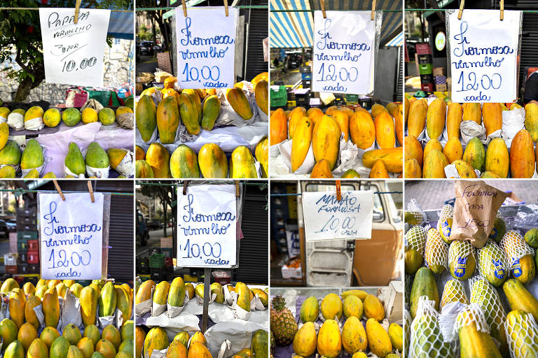 Da esquerda para direita, e em sentido horário, fotos registram os preços do mamão nos dias 3.mai.2022,17.mai.2022, 31.mai.2022, 14.jun.2022, 28.jun.2022, 12.jul.2022, 26.jul.2022 e 9.ago.2022