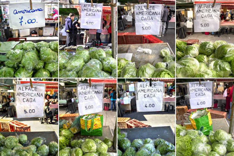 Da esquerda para direita, e em sentido horário, fotos registram os preços da alface americana nos dias 3.mai.2022,17.mai.2022, 31.mai.2022, 14.jun.2022, 28.jun.2022, 12.jul.2022, 26.jul.2022 e 9.ago.2022