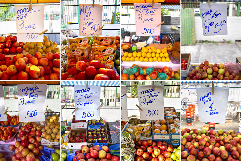 Da esquerda para direita, e em sentido horário, fotos registram os preços da maçã nos dias 3.mai.2022,17.mai.2022, 31.mai.2022, 14.jun.2022, 28.jun.2022, 12.jul.2022, 26.jul.2022 e 9.ago.2022