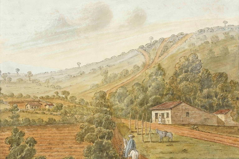 a pintura retrata a vista panorâmica de uma região rural, onde está um homem a cavalo em primeiro plano. logo depois, vê-se uma fazenda e um morro, no horizonte. a imagem tem bastante vegetação, com muitas árvores ao redor