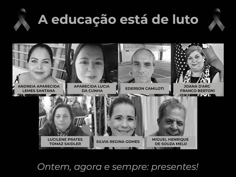 Imagem com fotos das vítimas em preto e branco com o título: A educação está de luto
