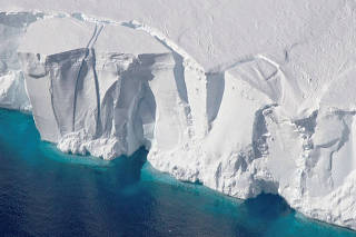 An aerial view of the 200-foot-tall (60-meter-tall) front of the Getz Ice Shelf with cracks