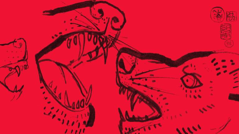Ilustração em traços pretos num fundo vermelho, mostra duas cabeças de lobos, aparentemente brigando