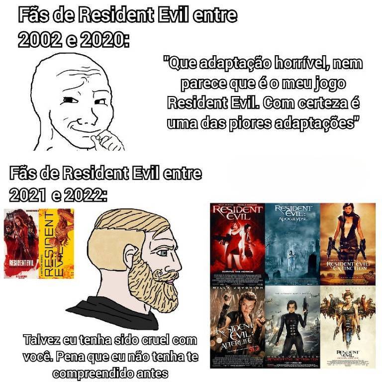 Meme comentando o lançamento da série de 'Resident Evil' em comparação aos filmes de Paul W.S. Anderson, que adaptam os jogos da série