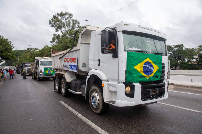Foto mostra caminhoneiros em carreata, bandeira do Brasil está colada na carroceria de um deles