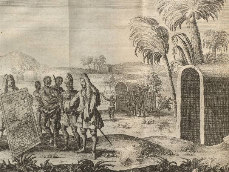 ilustração mostra encontro de francês com indígenas