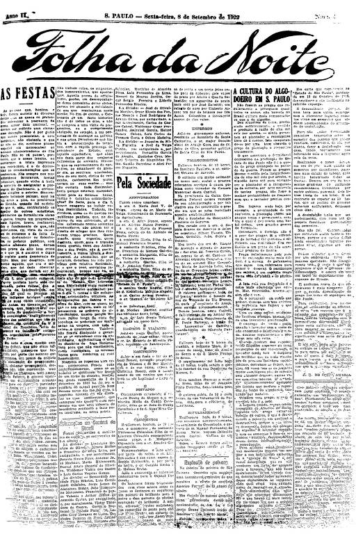 Primeira Página da Folha da Noite de 8 de setembro de 1922
