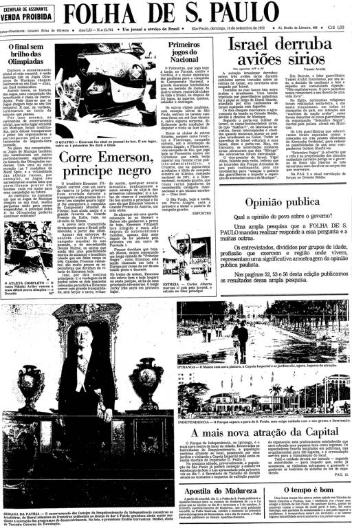 Primeira Página da Folha de 10 de setembro de 1972