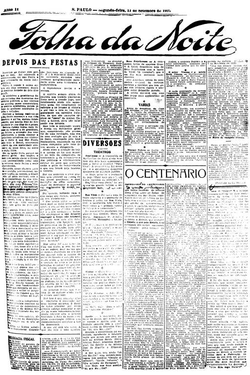 Primeira Página da Folha da Noite de 11 de setembro de 1922