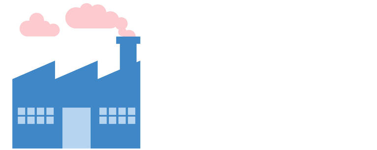 Ilustração digital na cor azul marinho mostra perfil de uma fábrica, com fumaça saindo de chaminé, que representa o tópico indústria