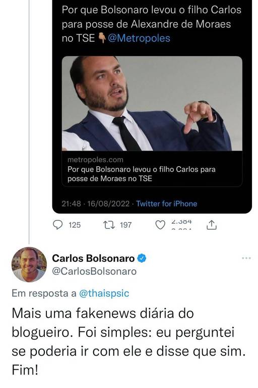 Tuíte do vereador Carlos Bolsonaro (Republicanos) sobre sua presença cerimônia de posse de Alexandre de Moraes na presidência do TSE 