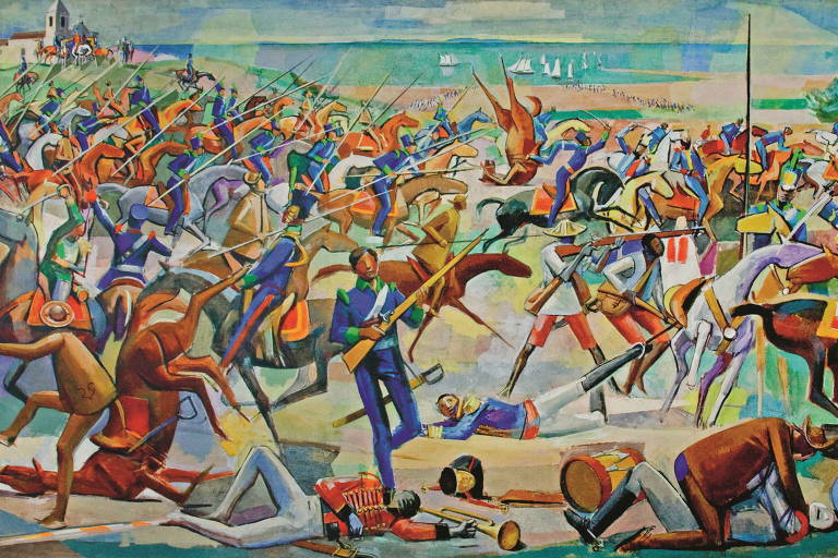 tela abstrata mostra uma batalha, onde se emaranham homens e cavalos com lanças e outras armas. ao fundo, está o mar e alguns navios