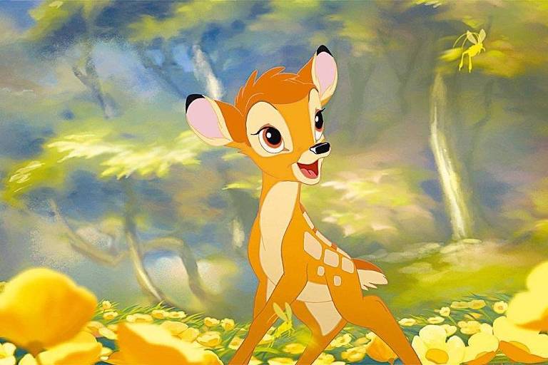 O personagem Bambi, um filhote de cervo, sorri em meio à floresta