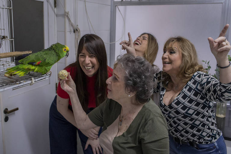 Dona Zulita Gotlib, 85, com a neta Ilana Reznik, 37 (de vermelho) Juliana Meisler, 34, e Patrícia Reznik, 59, e a papagaia Neca