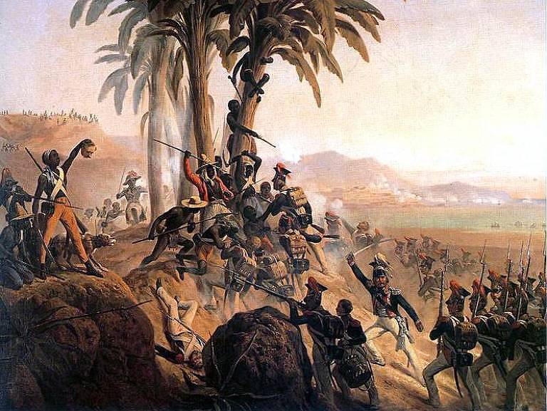 pintura mostra cena de batalha que acontece na subida de um morro, onde estão algumas palmeiras. na imagem, de bastante violência gráfica, soldados brancos e negros se enfrentam. um dos soldados negros ergue a cabeça de um homem branco para o exército inimigo