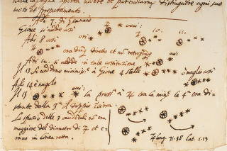 The manuscript shows the draft of a letter at the top, and sketches plotting the positions of the moons Galileo discovered around Jupiter Ñ which the university had believed were Òthe first observational data that showed objects orbiting a body other tha
