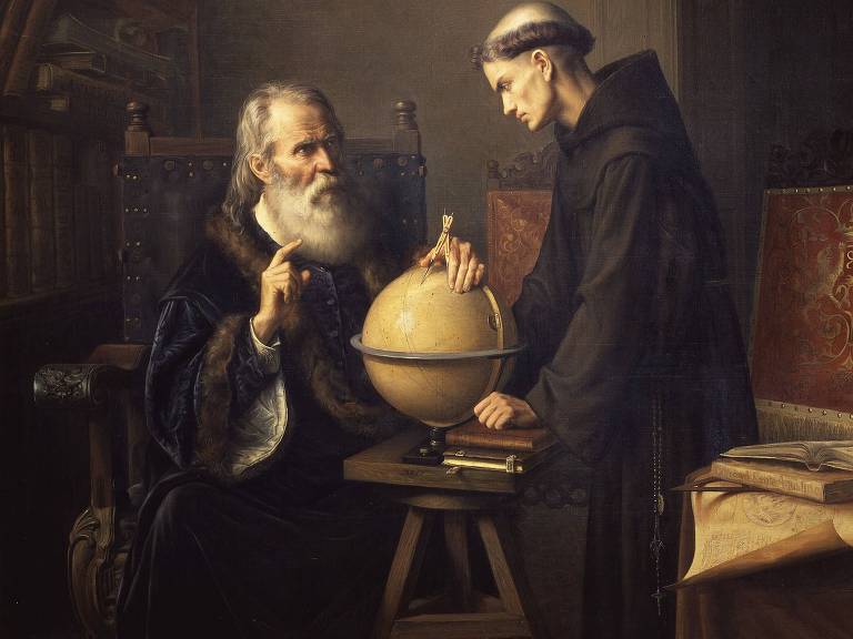 Pintura de 1873 mostra Galileu Galilei explicando sua pesquisa sobre a Terra a um padre na Universidade de Pádua, na Itália