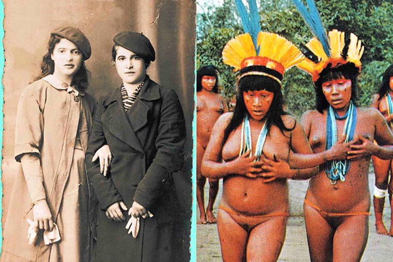 Reprodução da obra Blonde & Brunette Indian & Indian', de Anna Bella Geiger; obra combina duas fotos, uma de duas mulheres do início do século 20 e outra de duas indígenas que usam apenas colar e cocar