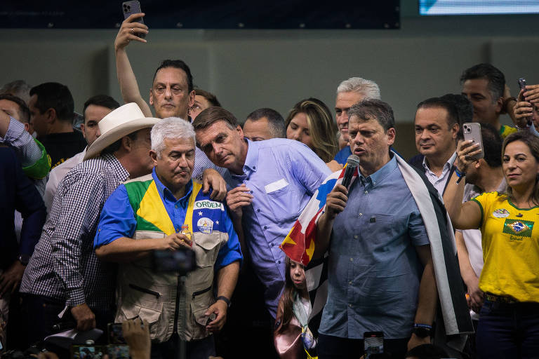 Na foto, é possível ver Marcos pontes à esquerda, vestido com um colete marrom e com uma camisa nas cores da bandeira nacional. Ao centro, o presidente Jair Bolsonaro, vestindo uma camisa azul e com um microfone na mão, mas sem falar. À direita, Tarcísio de Freitas, vestindo uma camisa azul-escura e coberto pela bandeira do estado de São Paulo, está com um microfone na mão, discursando. Ao redor, apoiadores e correligionários dos três políticos, que estão tanto ouvindo aos discursos, quanto levantando a mão para tirar fotos