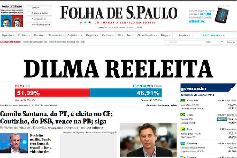 Recorde de audiência No dia do segundo turno das eleições de 2014, a Folha foi o primeiro veículo a anunciar que a presidente Dilma estava reeleita, com base em projeção do Datafolha feita a partir da apuração do TSE. O jornal bate em outubro o recorde de audiência digital. Pela primeira vez, o site ultrapassa a casa de 30 milhões de visitantes mensais únicos o número final foi 33,5 milhões