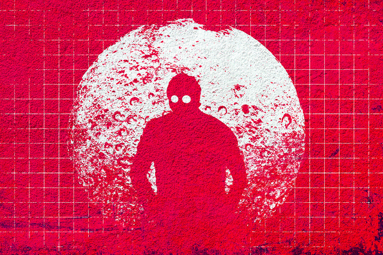 A ilustração de Adams Carvalho, publicada na Folha de São Paulo no dia 21 de Agosto de 2022, mostra o desenho da silhueta de uma pessoa com os olhos acesos frente à imagem de uma lua cheia. O fundo é vermelho com linhas brancas quadriculadas.