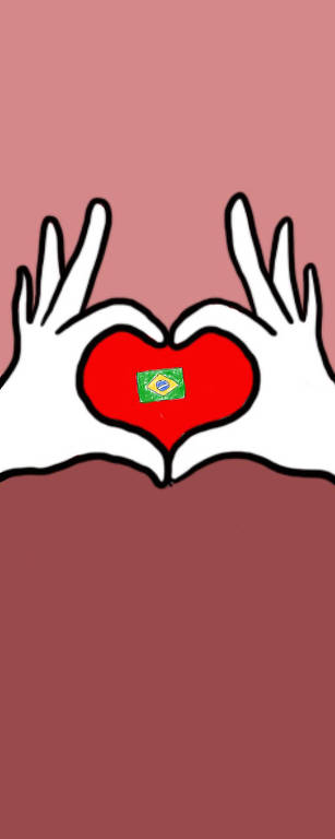2 mãos fazendo gesto de um coração, dividindo o desenho em 3 cores.em cima, rosa calro, embaixo rosa escuro e do meio, onde forma o coração, é vermelho com uma mini bandeira do brasil no centro.