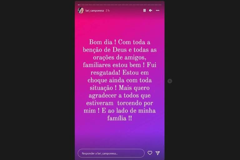 Nota divulgada pela vereadora Lari Camponesa em seu perfil no Instagram após ser resgatada de cativeiro  