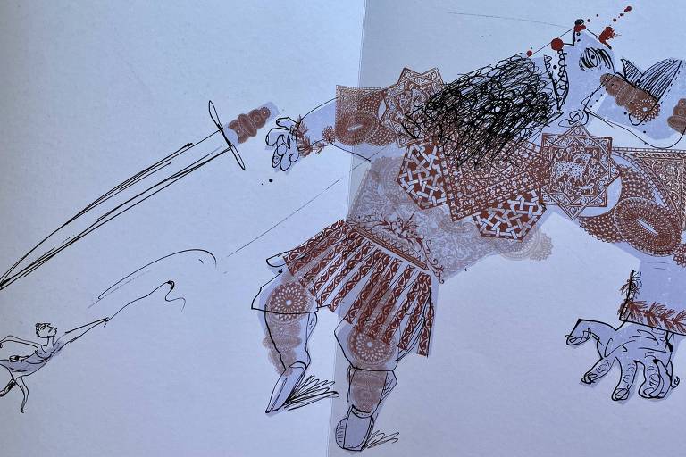 Desenho mostra o menino David com uma funda acertando uma pedrada no gigante Golias